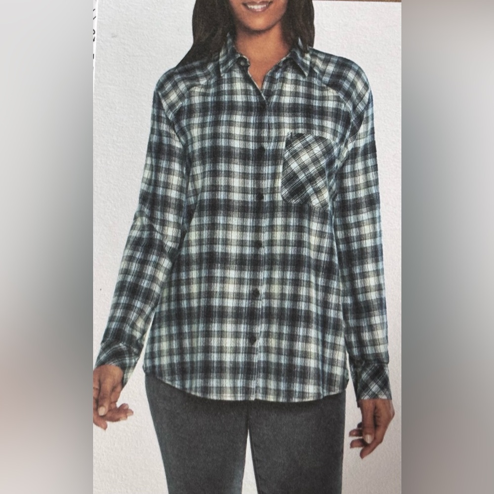 Eddie Bauer Blue and White Plaid Button-Down Shirt